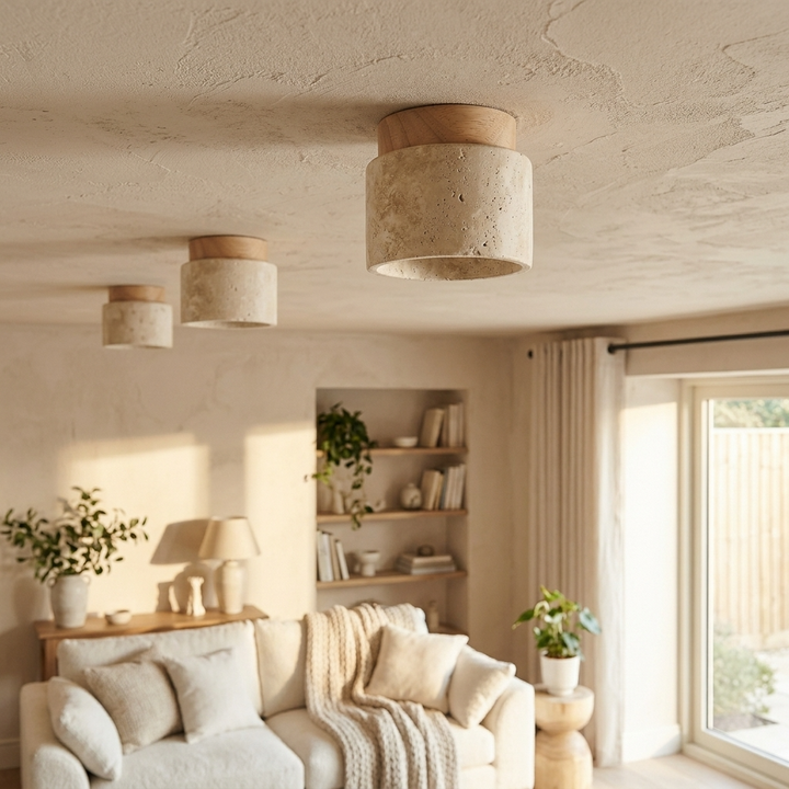 Griva | Travertine &amp; Wood Ceiling Light
