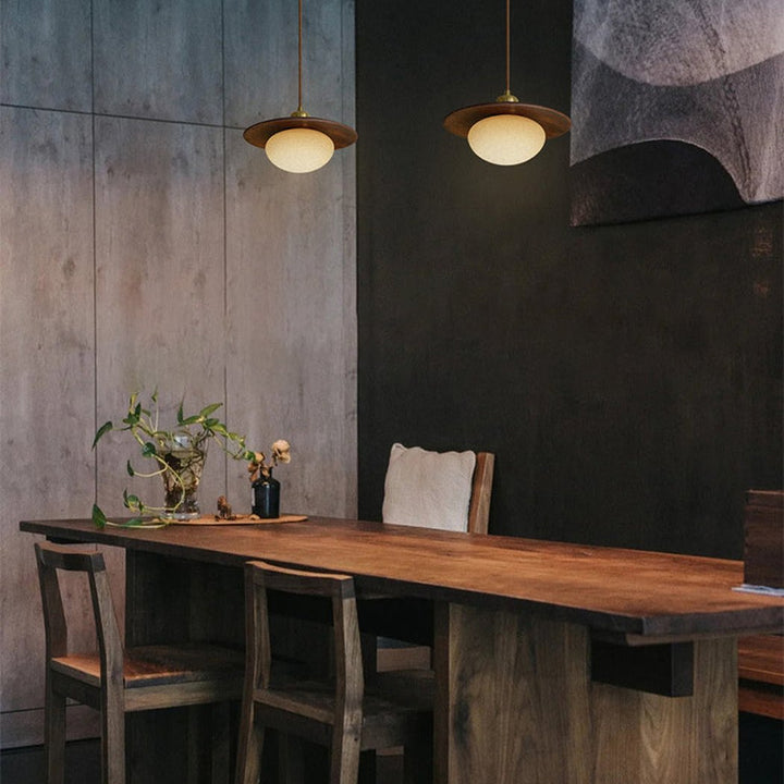 Bunn | Wood Disc and Milk Glass Pendant Light