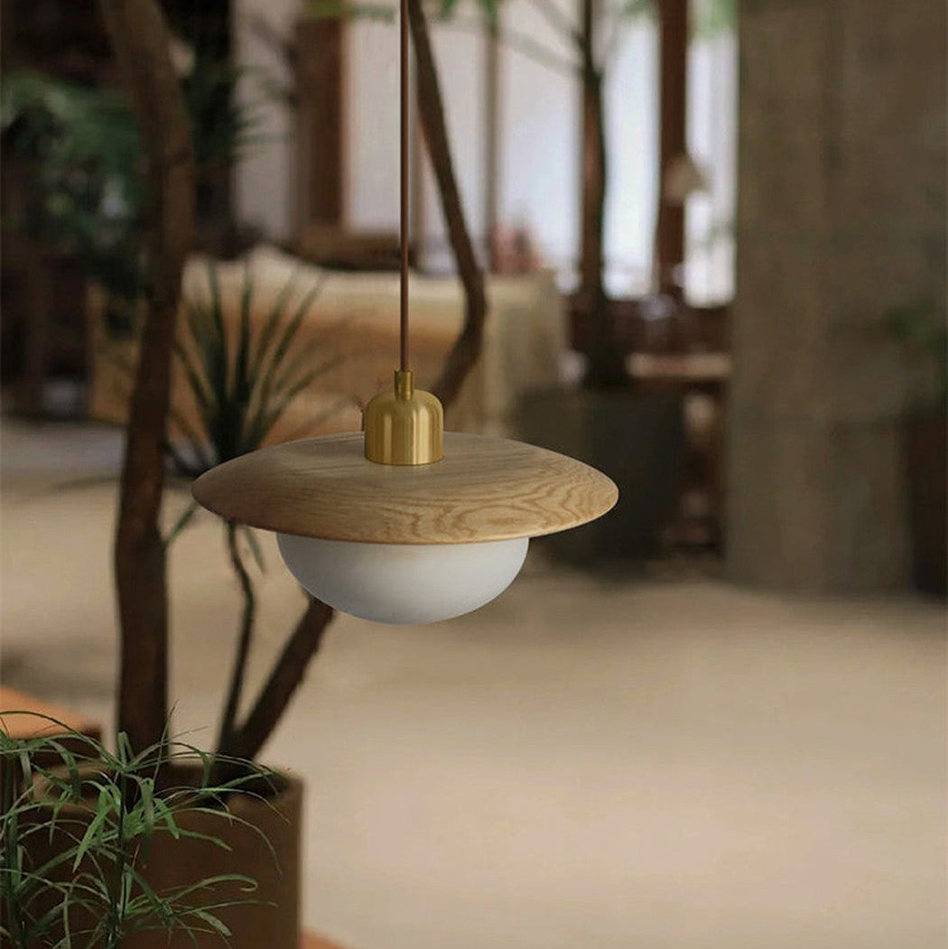 Bunn | Wood Disc and Milk Glass Pendant Light