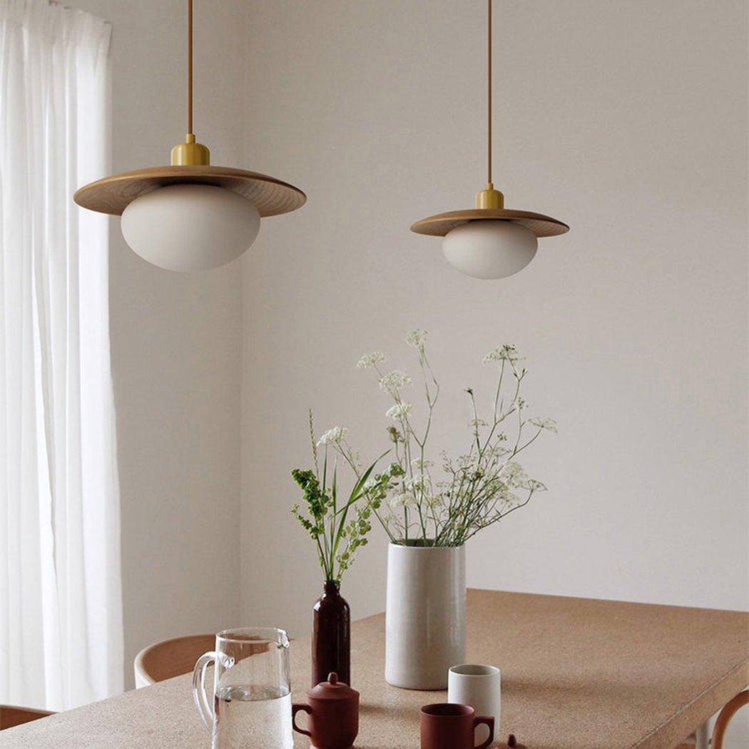 Bunn | Wood Disc and Milk Glass Pendant Light