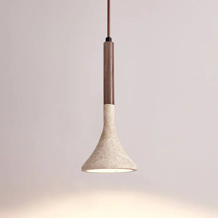Tsuchi | Travertine &amp; Wood Funnel Pendant Light