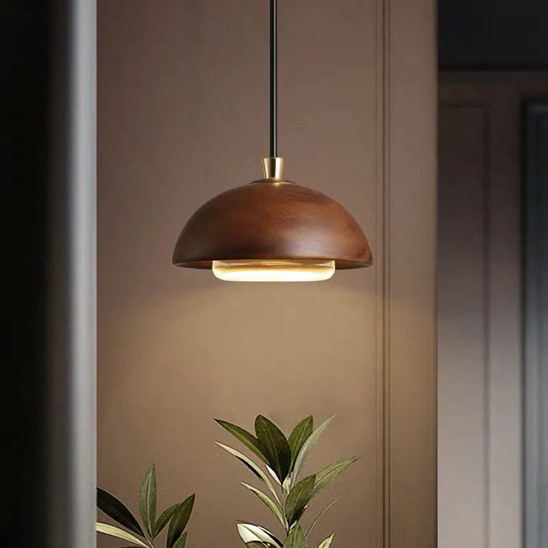 Kuri | Wood &amp; Brass Dome Pendant Light