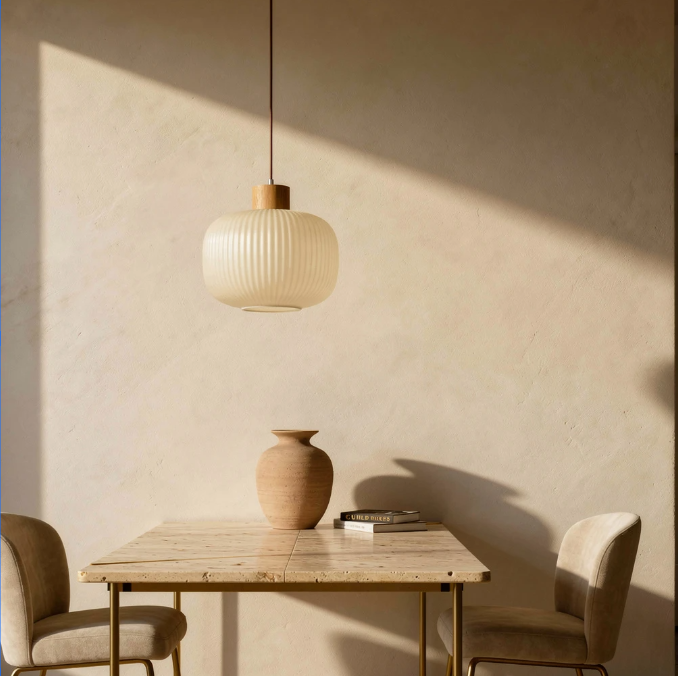Hai Drum | Wood &amp; Ribbed Milk Glass Pendant Light