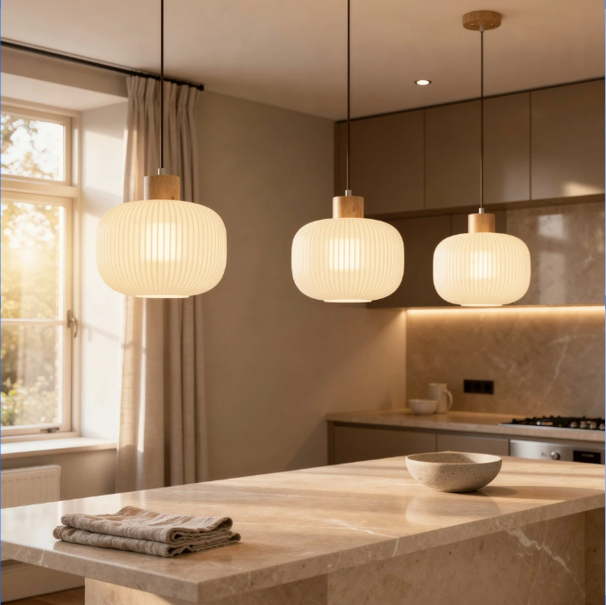 Hai Drum | Wood &amp; Ribbed Milk Glass Pendant Light
