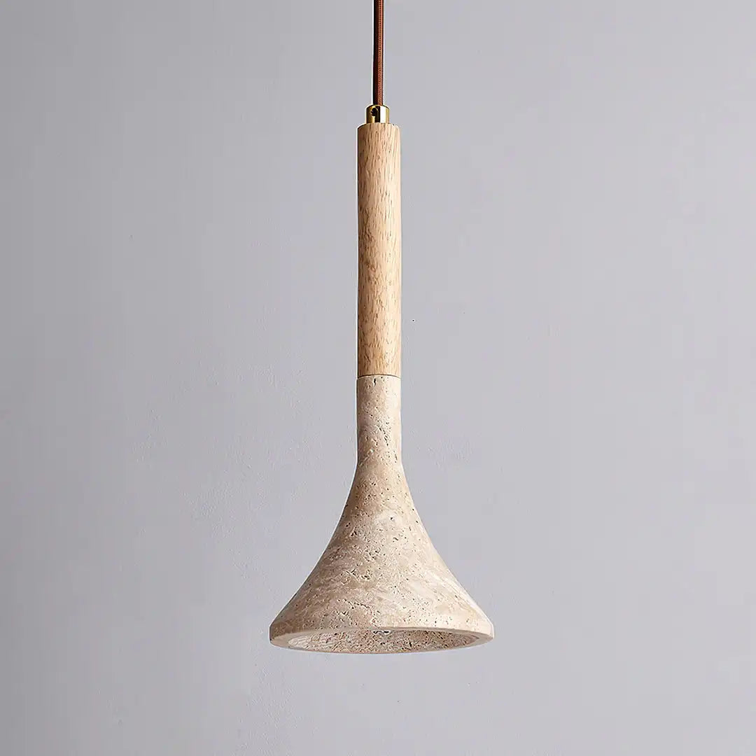 Tsuchi | Travertine &amp; Wood Funnel Pendant Light
