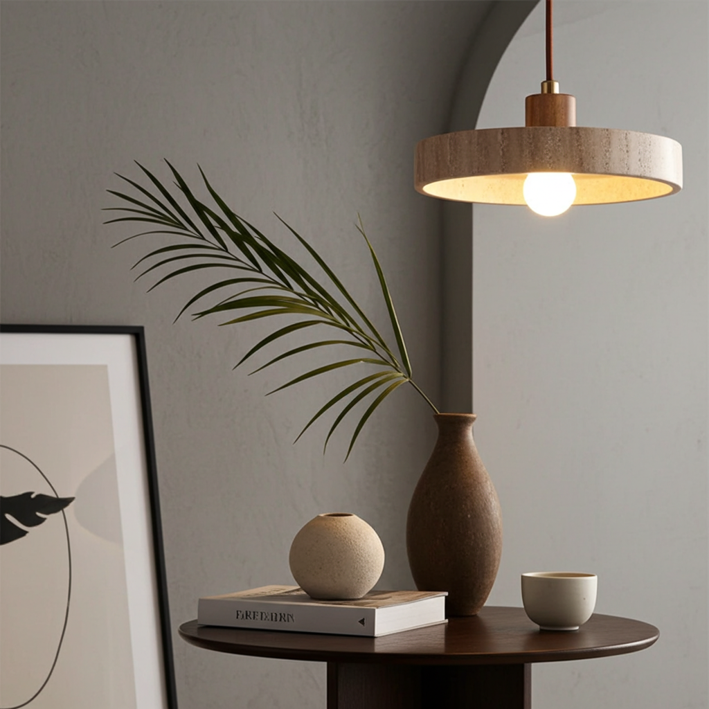 Taro | Travertine & Wood Pendant Light