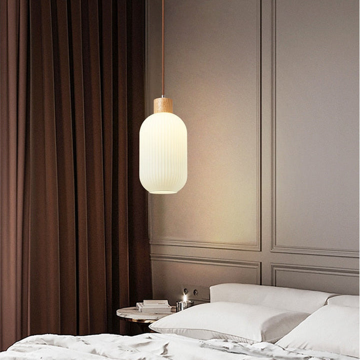 Wood and Milk Glass Pendant Light- Dining Room Lighting- Hai - Louve Lights