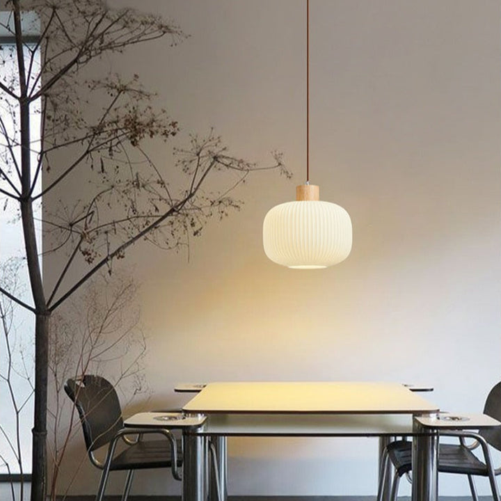 Wood and Milk Glass Pendant Light- Dining Room Lighting- Hai - Louve Lights