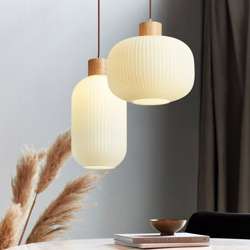 Wood and Milk Glass Pendant Light- Dining Room Lighting- Hai - Louve Lights