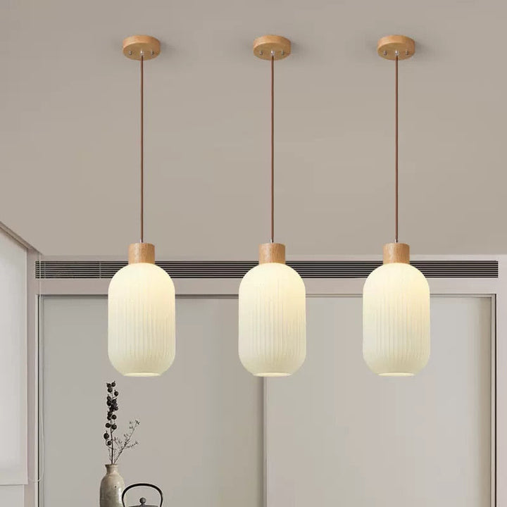 Wood and Milk Glass Pendant Light- Dining Room Lighting- Hai - Louve Lights