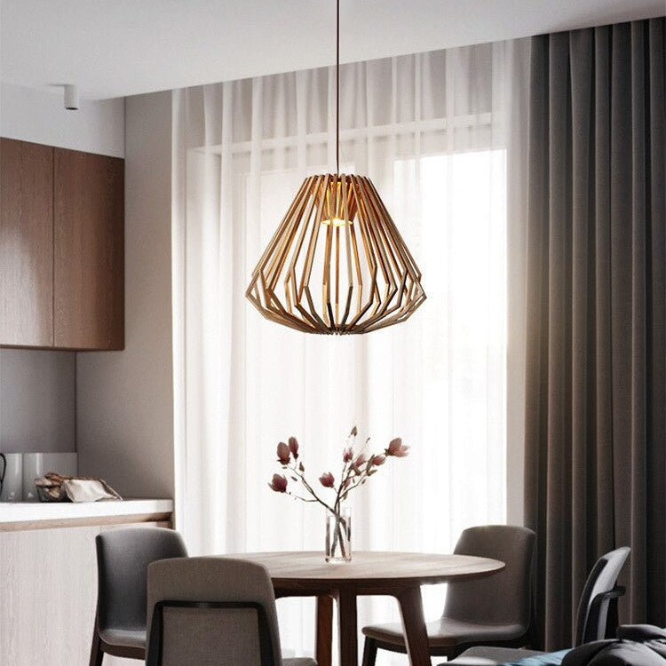 Solid Wood Pendant Light - Geometric Wooden Cage Light - Yana - Louve Lights