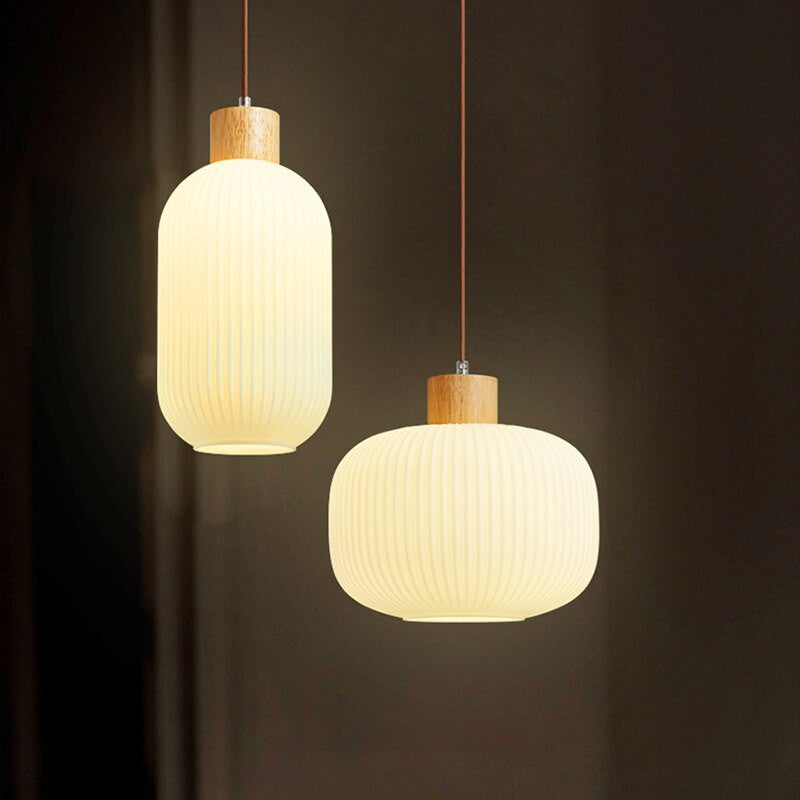 Wood and Milk Glass Pendant Light- Dining Room Lighting- Hai - Louve Lights