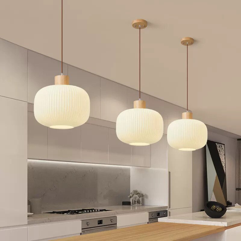 Wood and Milk Glass Pendant Light- Dining Room Lighting- Hai - Louve Lights