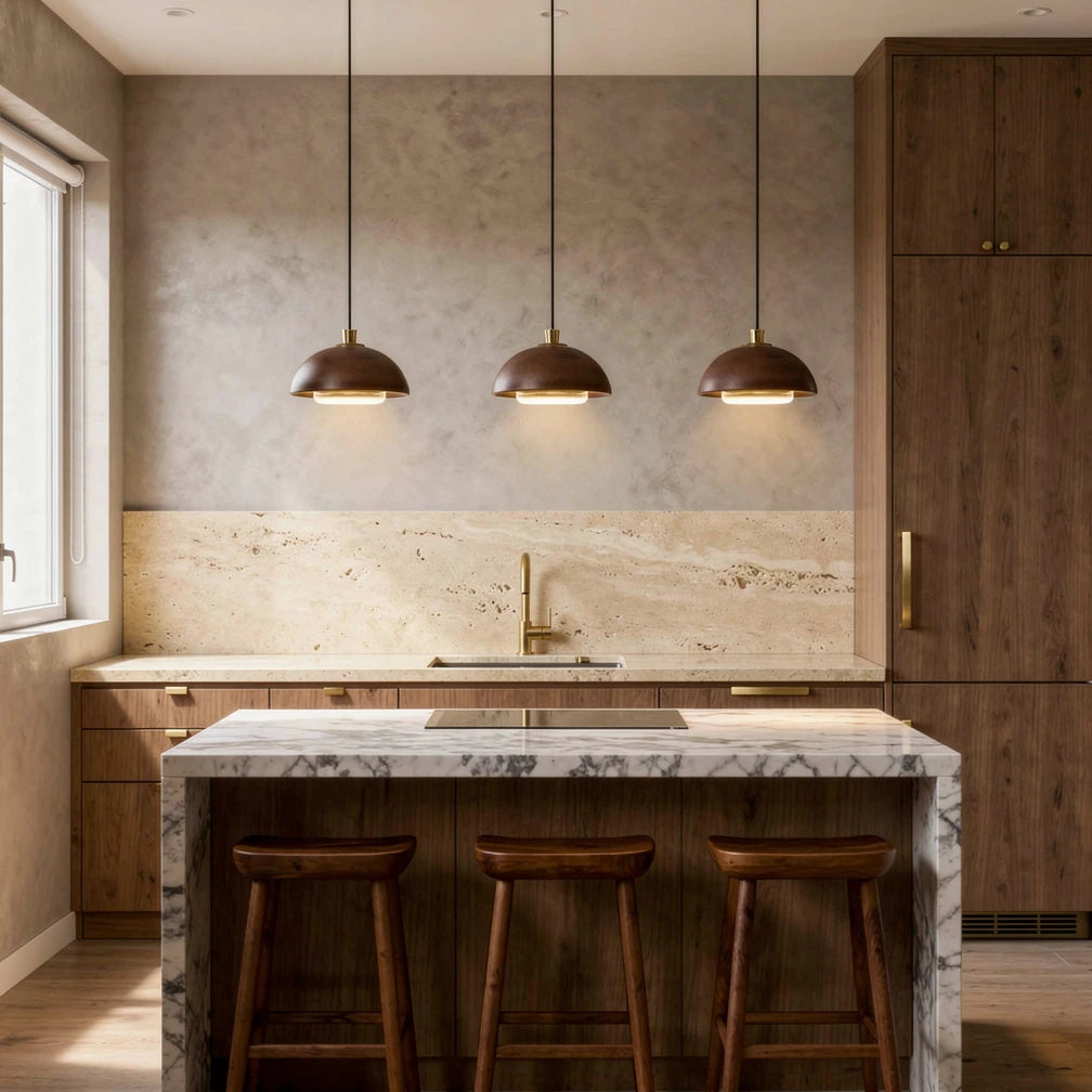 Kuri | Wood &amp; Brass Dome Pendant Light