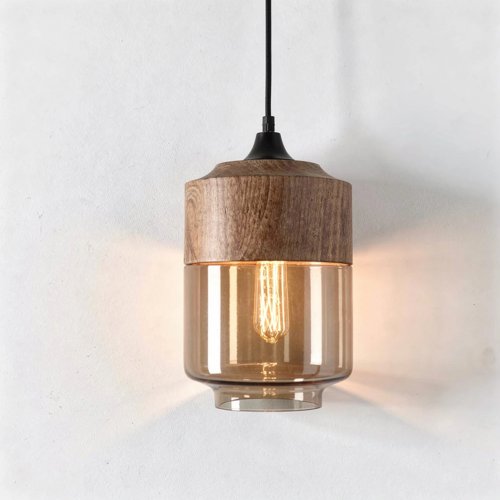 Arno | Amber Glass and Wood Pendant Light