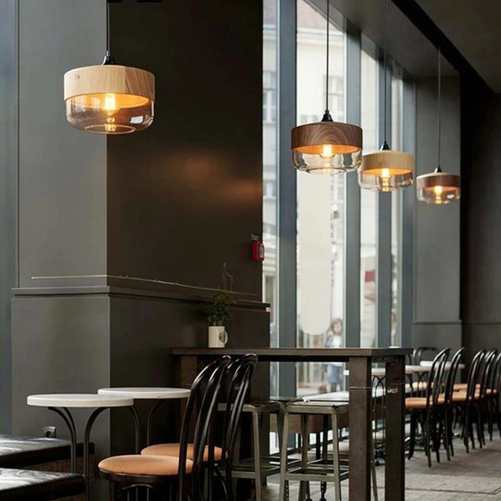 Arno | Amber Glass and Wood Pendant Light