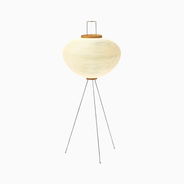 A Japanese paper floor lamp with a black metal frame and wood accents, featuring a diffused glow.