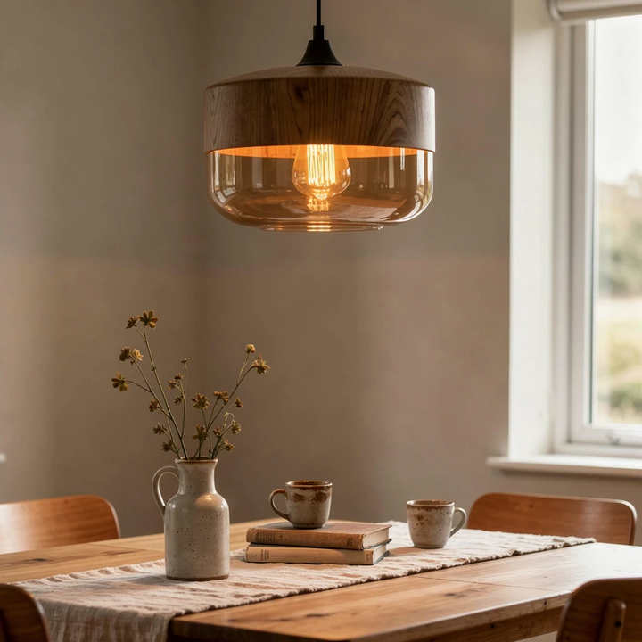 Arno | Amber Glass and Wood Pendant Light