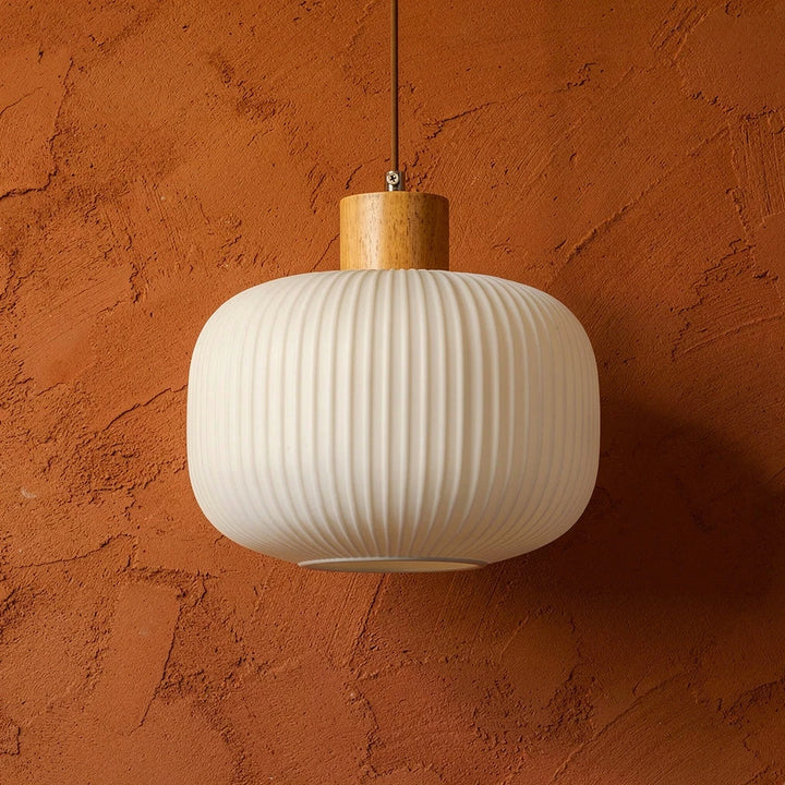 Hai Drum | Wood &amp; Ribbed Milk Glass Pendant Light