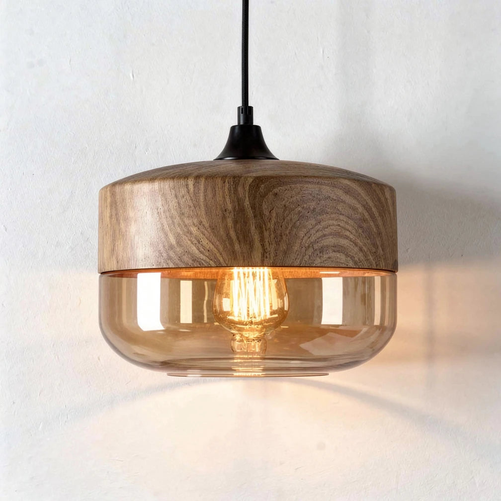 Arno | Amber Glass and Wood Pendant Light