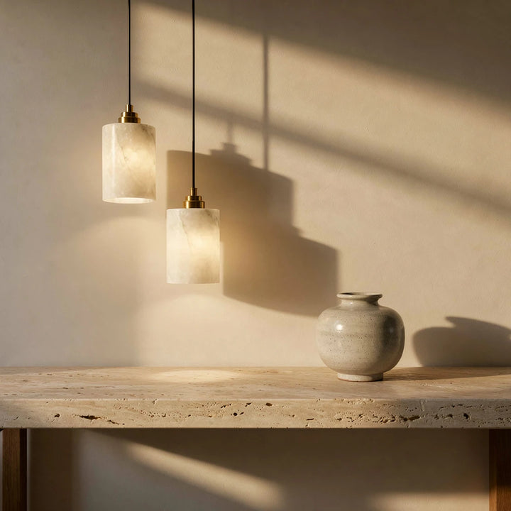 Celia Cylinder | Alabaster &amp; Copper Pendant Light